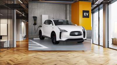 White electric SUV recharging in parking garage. 3D rendering image. original design. Wall mural