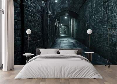 A Dark and Narrow Brick Alleyway at Night Wall mural