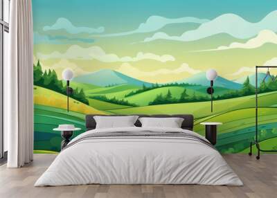 A Vibrant Green Landscape with Rolling Hills, Blue Mountains, and a Clear Sky Wall mural