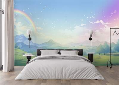 A vibrant landscape with a rainbow arching over rolling hills and a majestic mountain range. Wall mural