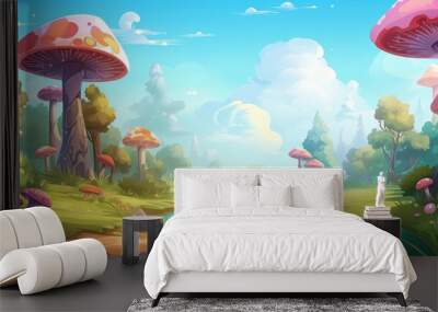 A whimsical forest landscape with colorful mushrooms, a winding stream, and a bright blue sky Wall mural