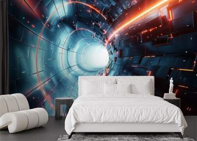 Abstract 3D render of a futuristic tunnel or wormhole with glowing neon lights. Concept of science fiction, technology, digital, cyberspace Wall mural