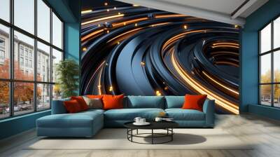 Abstract background with black metallic spiral and glowing orange lights. Perfect for technology, innovation, and futuristic design concepts. Wall mural