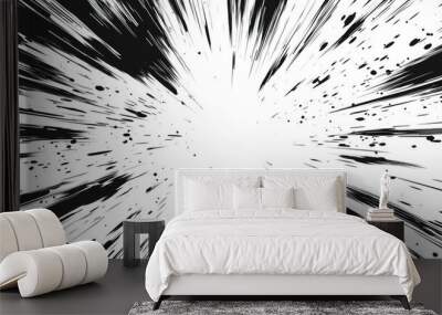 Black Ink Splashes and Lines Radiating Outwards on White Background Wall mural