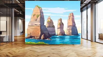 cartoon illustration Limestone stacks with calm blue waters under a clear sky. Wall mural