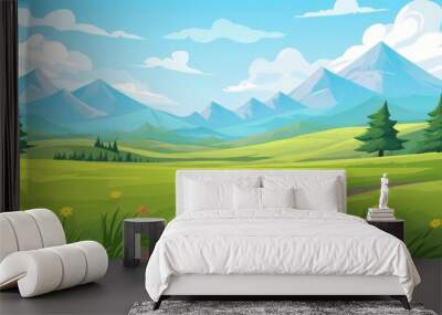 cartoon landscape with lush greenery and towering mountains under a clear blue sky Wall mural