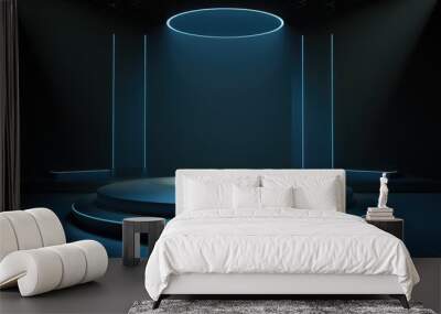 Circular Platform with Neon Lights and Shadows in a Dark Room Wall mural