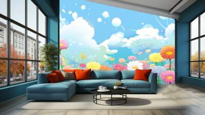 Colorful cartoon flower field landscape with blue sky and white clouds. Background illustration for spring, summer, nature, or children's themes. Wall mural