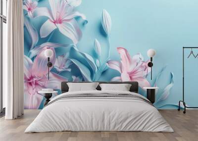 Delicate floral arrangement in pink and blue. Romantic flower background for wedding, birthday, anniversary. Concept of spring, beauty, elegance, and decoration Wall mural