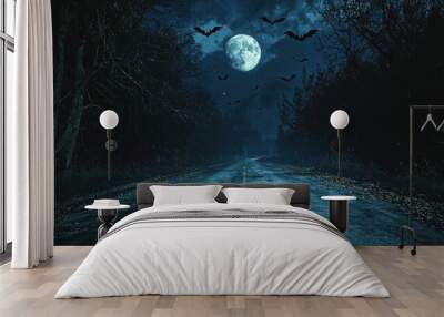 Empty Road Through a Forest at Night with Bats and a Full Moon Wall mural