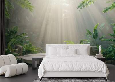 Empty round platform podium for product placement surrounded by lush tropical jungle plants and sun rays. Concept of natural, organic, beauty products, wellness, spa, and sustainability. Wall mural