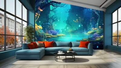 Enchanting Underwater Forest Scene with Glowing Lights and Lush Vegetation Wall mural