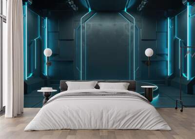 Futuristic Room with Neon Lights and a Circular Platform Wall mural