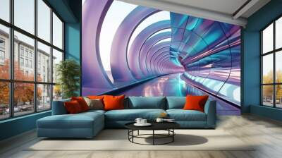 Futuristic tunnel with glowing neon lights.  Abstract architecture background in pink and blue tones. Concept of technology, science fiction, and the metaverse. Wall mural