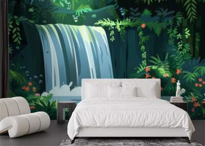 Lush Jungle Waterfall with Flowers and Foliage Wall mural