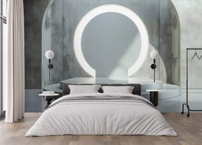 Minimalistic white podium with glowing circle for product presentation against a modern concrete wall with arches. 3D render with copy space. Wall mural