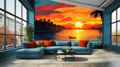 Sunset Over Tropical Island with Two Boats and Palm Trees Wall mural