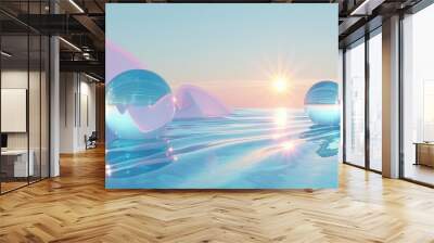 Two glass spheres floating on tranquil water at sunset, minimalist background for serenity, peace, and mindfulness. Concept of zen, balance, and reflection. Wall mural