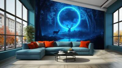 Two Silhouettes of Deer in a Blue-Lit Forest with a Glowing Circle Wall mural