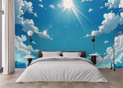 Vibrant anime style illustration of a bright blue sky with fluffy white clouds and shining sun. Ideal for backgrounds, wallpapers, and summer themes. Wall mural