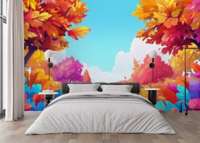 Vibrant Autumn Landscape, Cartoon illustration of colorful fall foliage, trees with red and yellow leaves in forest. Concept of autumnal scenery, nature background. Wall mural