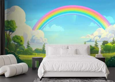 Vibrant rainbow over lush green meadow. Idyllic landscape with blue sky, fluffy clouds and colorful rainbow for nature, hope, and fantasy backgrounds. Wall mural