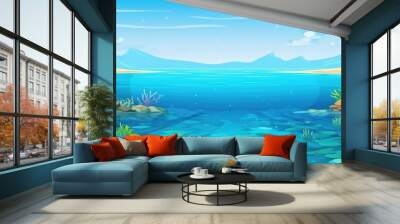 Vibrant underwater cartoon illustration with diverse aquatic plants and clear blue waters against distant mountains Wall mural