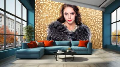 Portrait of elegant brunette retro woman wearing silver fox fur over gold mosaic background Wall mural