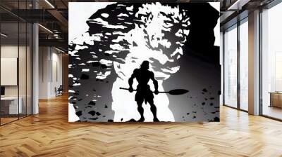 David and Goliath in the middle of battle on a white background, generative ai Wall mural