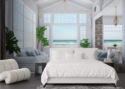 Large living room with a sea view in a lavish summer beach home with white furniture. interior of a holiday house or villa. generative ai
 Wall mural