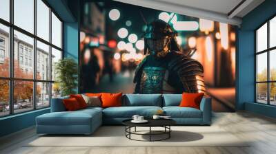 Armed samurai and street with blurred neon light. ninja samurai. Generative AI Wall mural