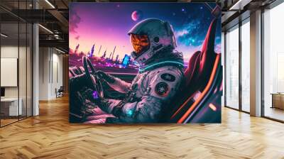 Astronaut in the cyber car in the cyber city cyberpunk with Neon RGB light effects. cyber car. astronaut in the car. supercar. Astronaut. Generative AI Wall mural