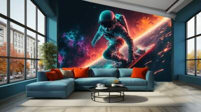 Astronaut Surfing in the nebula water wave and stars with neon light effects. Astronaut surfing in the galaxy. astronaut. high-definition colorful galaxy. universe. galaxy. Generative AI Wall mural