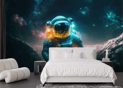 Astronaut swimming in the nebula water and stars with neon light effects. Astronaut in the water. astronaut. high-definition water life. Underwater life Generative AI Wall mural