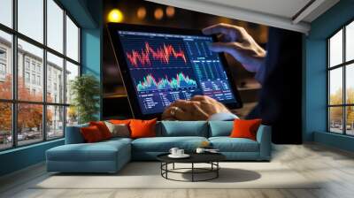 Businessman holding trader investor broker holding tablet computer analyzing charts bank account market rate global indexes online forecast on stock exchange digital finances trade platform. Wall mural