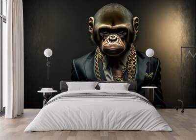 Monkey in gangster look with wearing sunglasses and gold chain and expensive leather jacket. leather jacket. animal portrait. Generative AI Wall mural