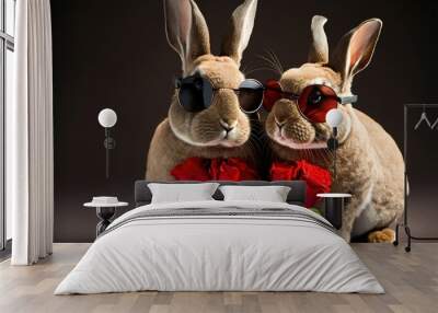 Two lovely Rabbits love each other celebration with red roses and wearing sunglasses. Gnerative AI Wall mural