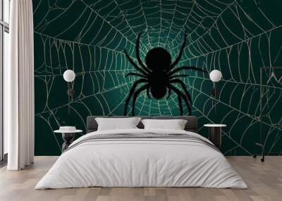 Creepy Spider Webs, An intricate spider web with a large, creepy spider in the center, perfect for a classic Halloween touch. Wall mural