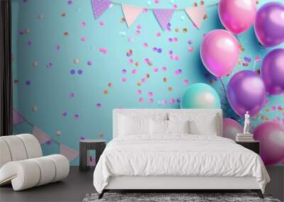 Happy birthday text vector design. Birthday balloons, pennant and confetti party decoration for kids celebration event background Wall mural