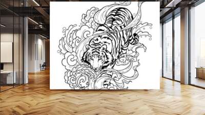 Tiger walk on cloud with windy smoke like walking on haven. doodle drawing design for Oriental Japanese or chanciness  tattoo ornamental vector  with white background Wall mural