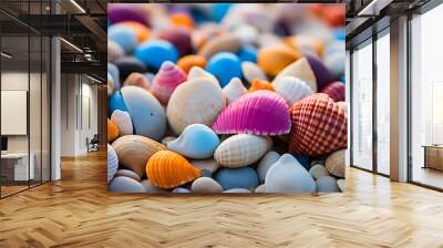 close up of colorful sea shells on the beach - Generated Ai Wall mural