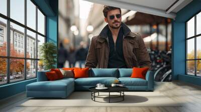 Cool Male model, Handsome Man Walking In The City - Generative Ai Wall mural