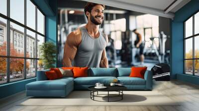 Handsome fit model smiling in gym - Generative Ai Wall mural