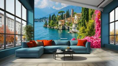 Italian Lake Villa With Pink Flowers and View Of The Beautiful Mountains  Wall mural