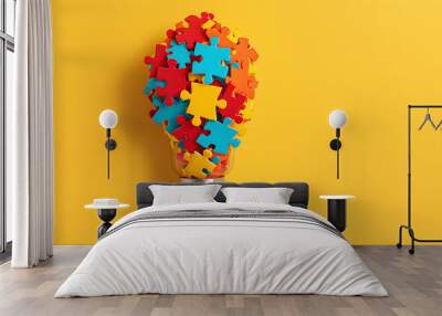 Light Bulb Made Out Of Puzzle Pieces On Yellow Background with Copy Space. Imagination Concept - Generative Ai Wall mural