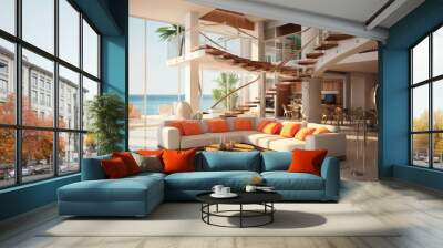 modern living room with open floor plan looking out at the beach - Generative Ai Wall mural