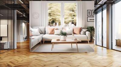 Stylish Scandinavian modern living room with open window and stylish wooden coffee table with plant on it - Generative Ai Wall mural