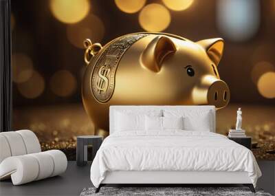 A golden piggy bank on a dark surface with a blurred background, reflecting light, symbolizing wealth and savings. A coin lies beside it, suggesting investment or accumulation. Wall mural