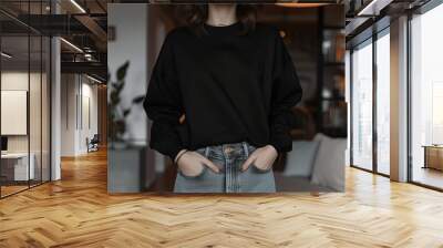 Cozy Chic: Woman's Sweater Mockup, Casual Elegance: Woman Wearing Sweater Mockup Wall mural