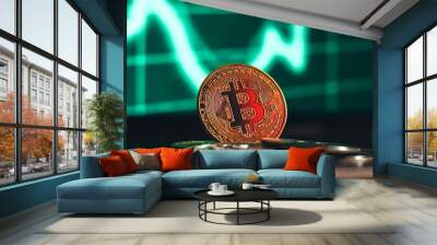 gold bitcoins on green chart background ; the btc price up, analyzing and predicting concept. Wall mural